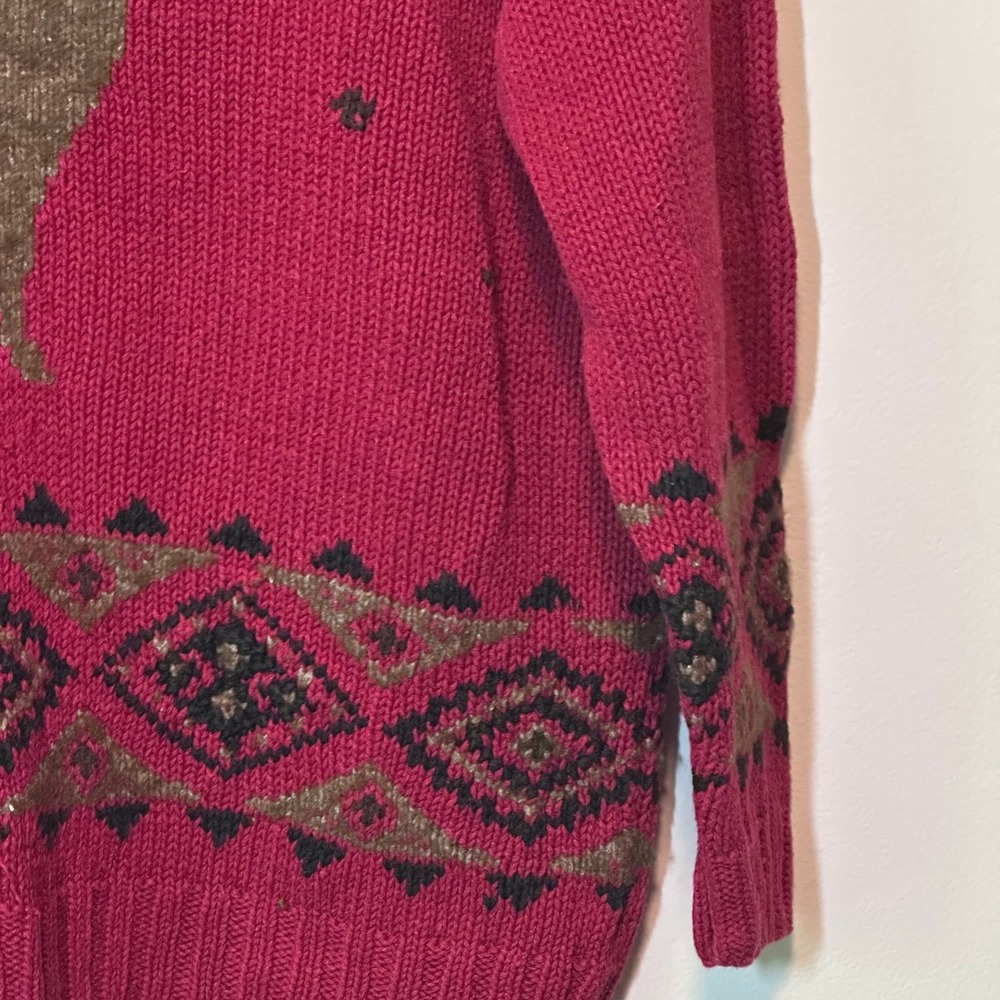Eddie Bauer Hand Knitted Reindeer Sweater Red Linen Cotton Fair Isle Womens L - Picture 4 of 9